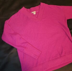 Falls Creek Women's V-Neck Sweater Magenta Vibrant Pink Barbie Waffle Knit Cozy